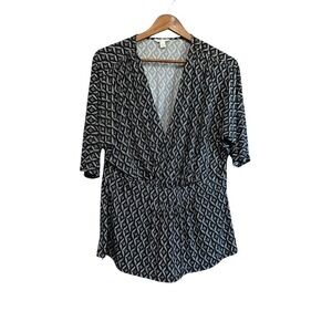 Cato Black White Geometric Print Twist Front 3/4 Sleeve Top Large